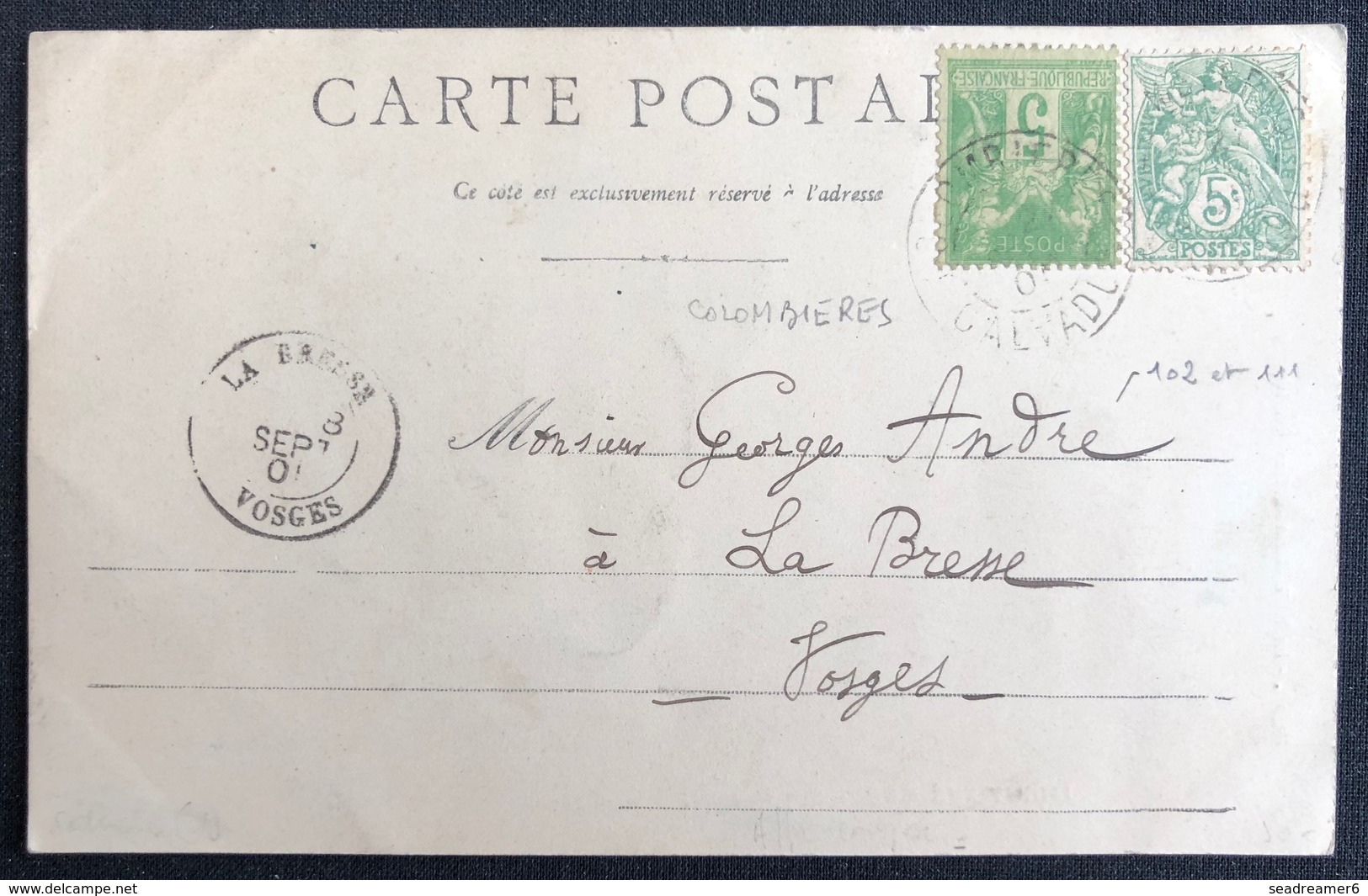 Carte Postale Tarif à 10c Mixte Sage/Blanc 1901 N° 102 & 111 Obl De Colombiers Pour La Bresse Amusant !! - 1898-1900 Sage (Type III)