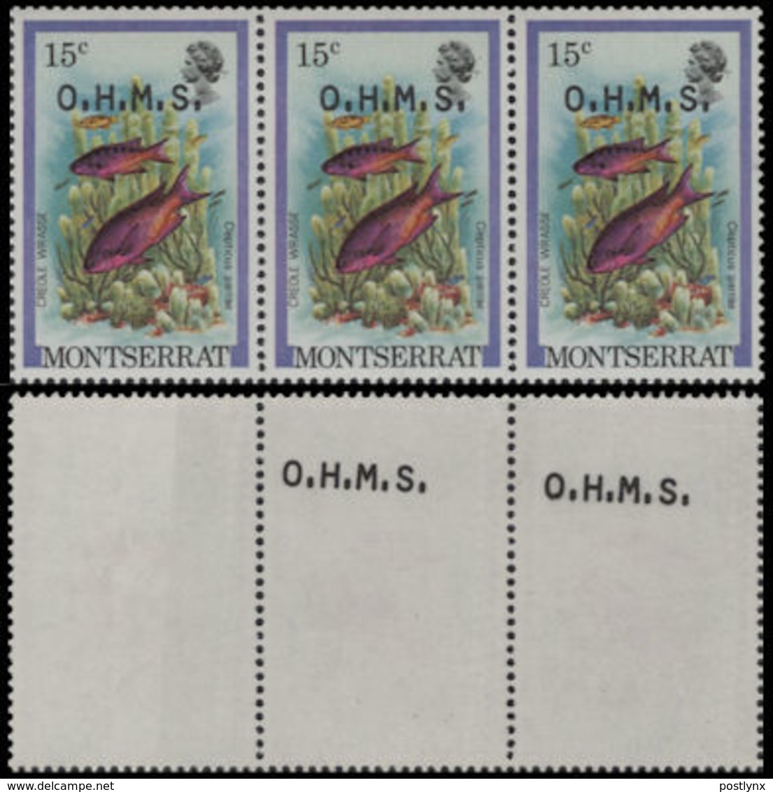 MONTSERRAT 1981 Hogfish Fish 15c 3-STRIP OVPT:OHMS ERROR:OVPT.rev.2 Stamps - Montserrat