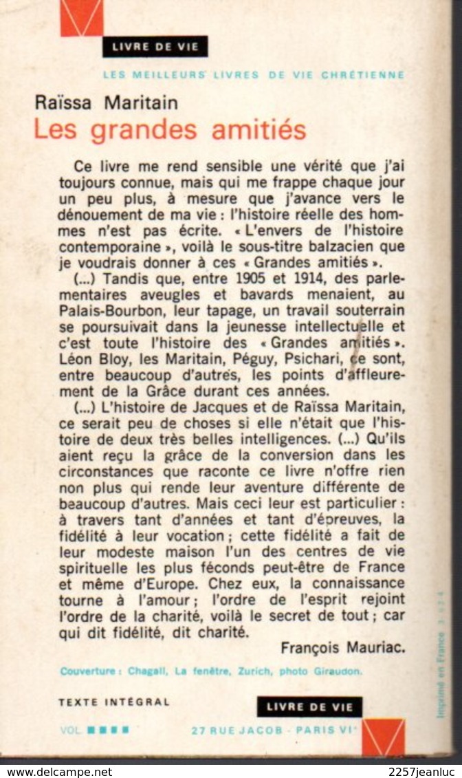 Raissa Maritain - Les Grandes Amitiés Livres De Vie Chrétienne 1974 - Classic Authors