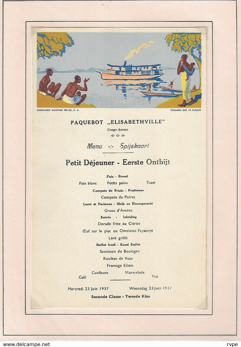 Ancien MENU De 1937 Paquebot ELISABETHVILLE - Menus