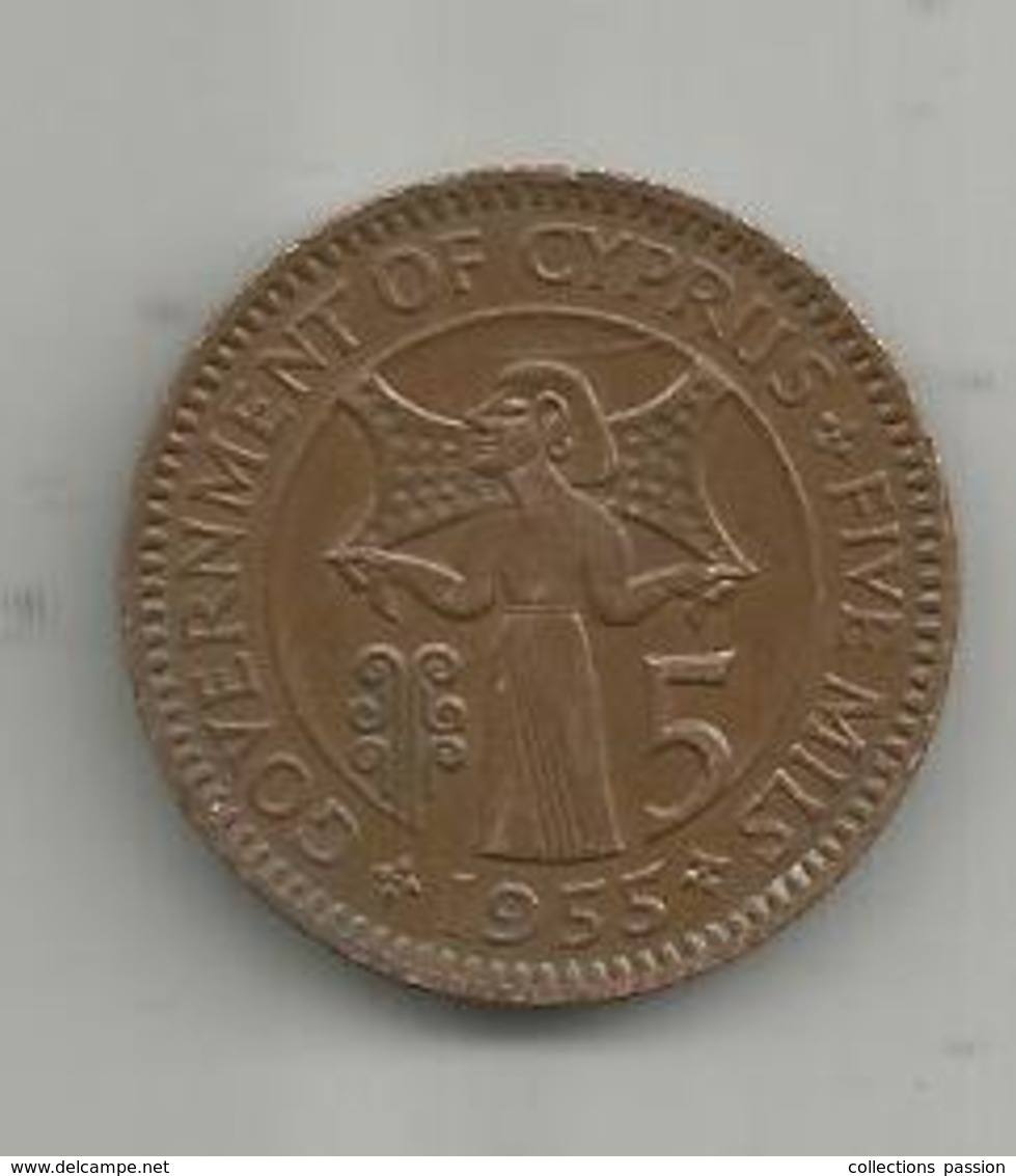 Monnaie , CHYPRE , Government Of CYPRUS , 5 MILS , Five , 1955 , The Second Queen Elizabeth ,  2 Scans - Cyprus