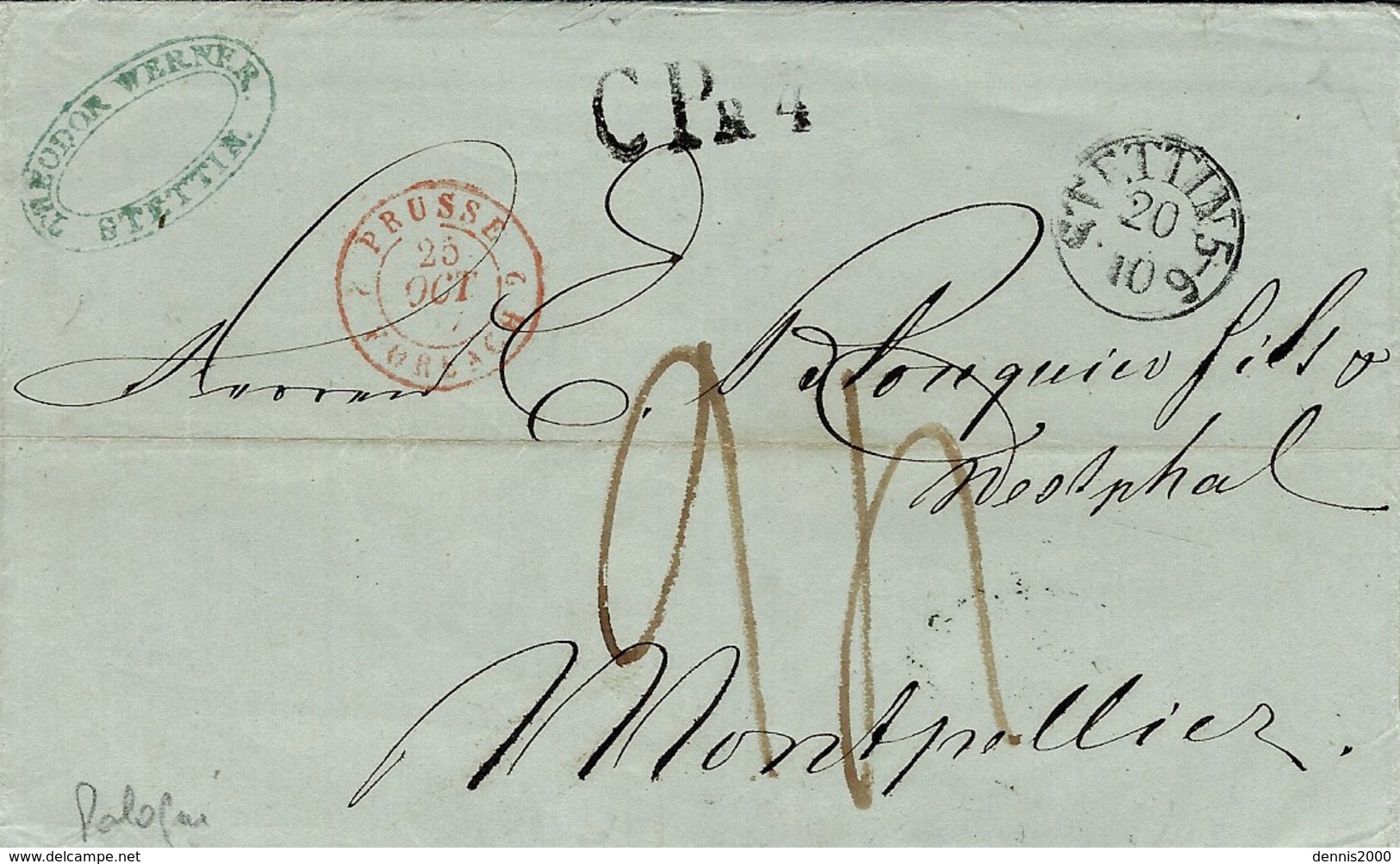 1847 - Lettre De STETTIN ( Pologne ) En Port Du - CP R 4 Taxe 24 D.  Pour Montpellier -entrée Par Forbach - ...-1860 Prephilately
