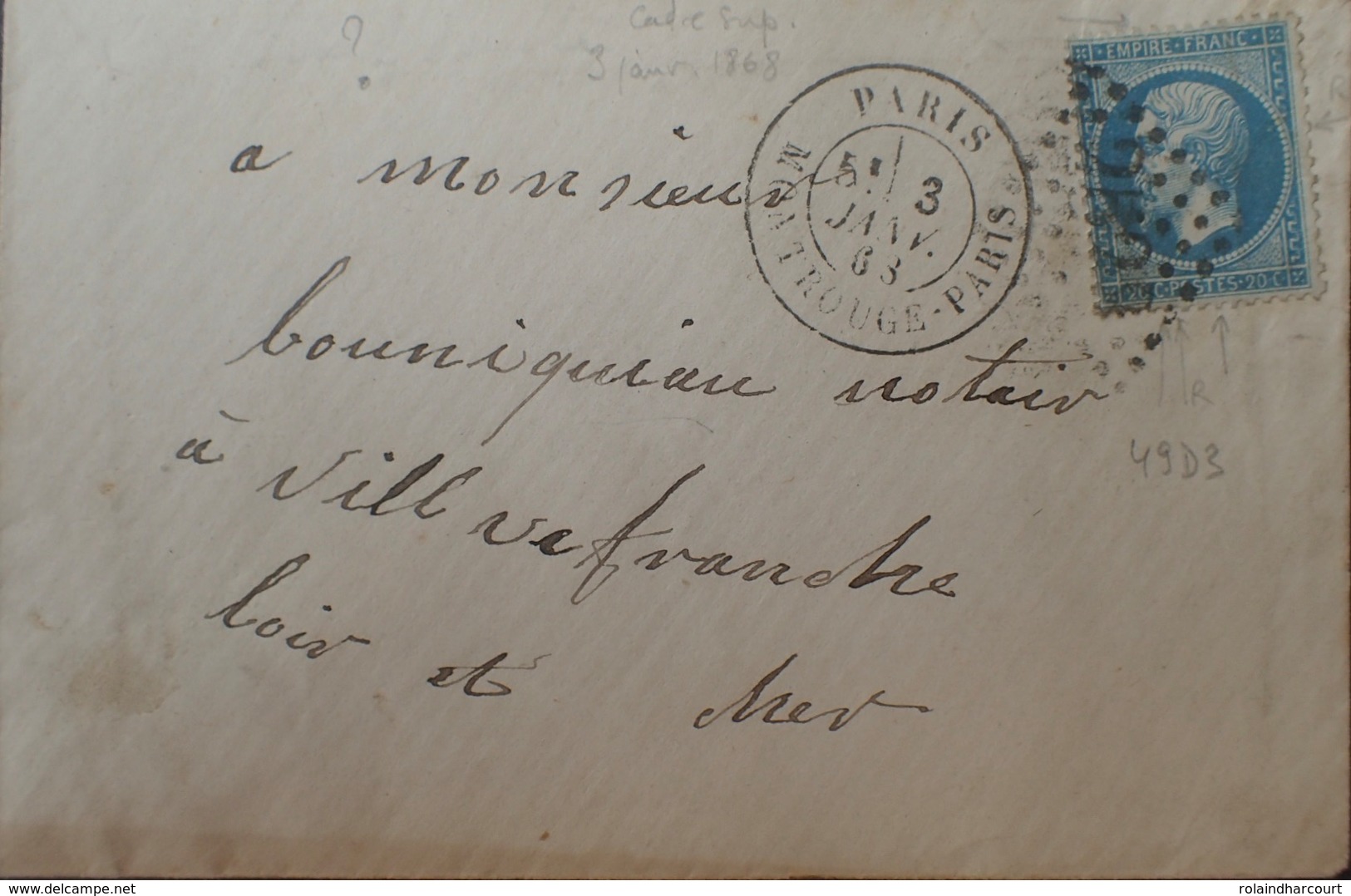 R1917/385 - NAPOLEON III - N°22 (sur ✉️) - PARIS 3.1.1863 > PARIS-MONTROUGE - GC 2523 - VARIETE ➤➤➤ Filet Nord Retouché - 1862 Napoleon III