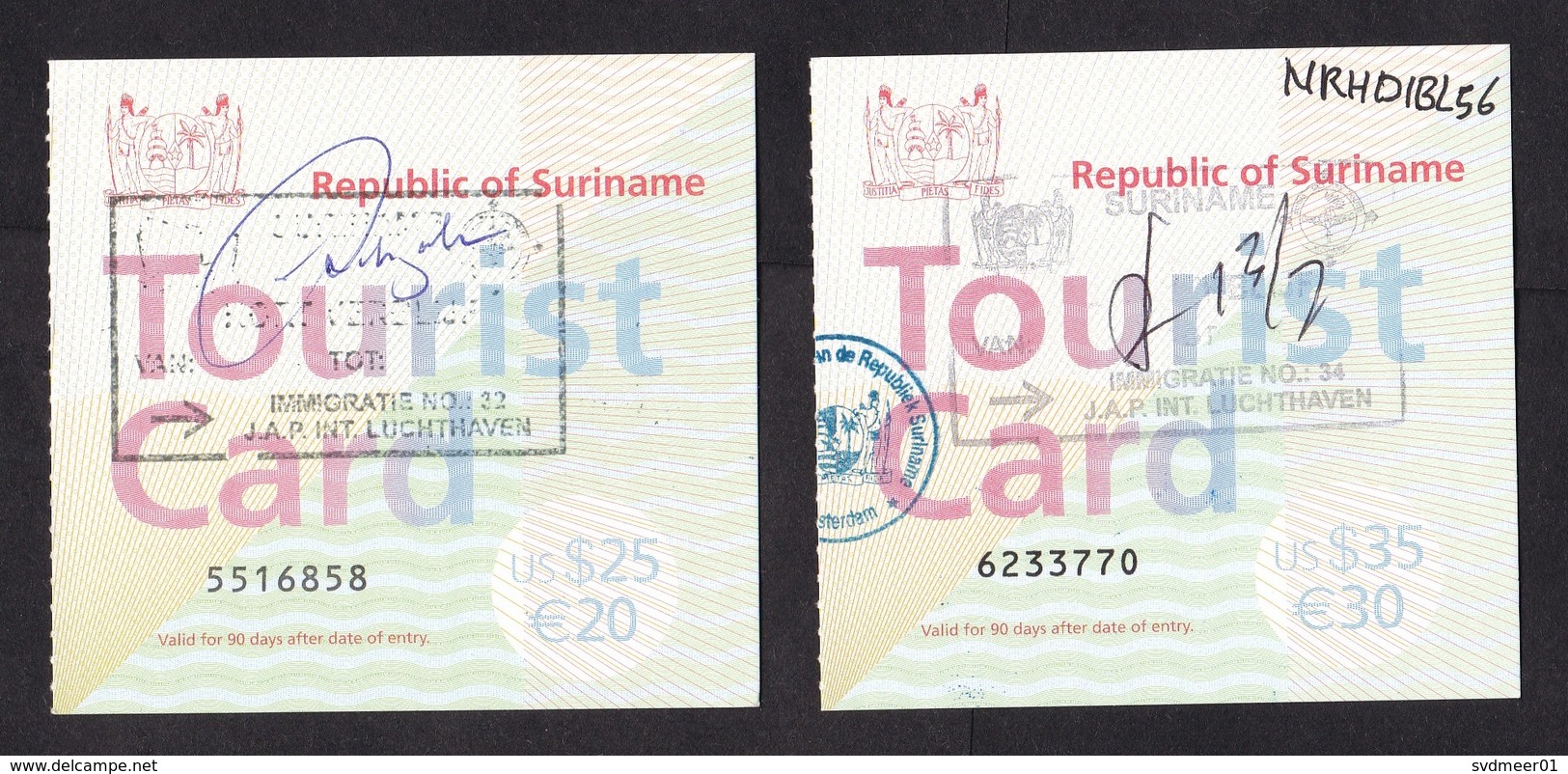 Suriname: 2x Official Tourist Card, Entry Visa, Revenue, Tax, 2 Values: $25 & $30, Customs Cancel (traces Of Use) - Suriname