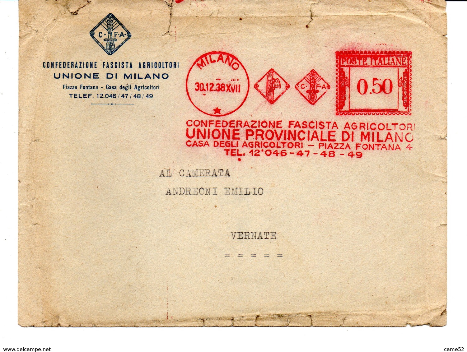 1938 EMA Affrancatura Meccanica Rossa Freistempel Milano Confederazione Fascista Agricoltori Unione Prov. Milano - Franking Machines (EMA)