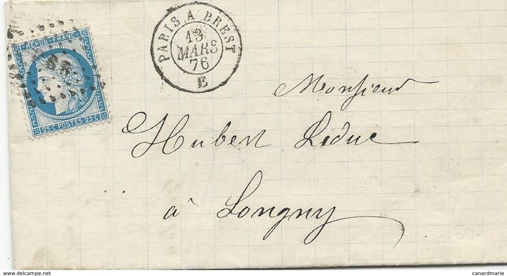 LETTRE 1876 AVEC TIMBRE AU TYPE CERES ET CACHET P. B. R. PARIS A BREST - Correo Ferroviario