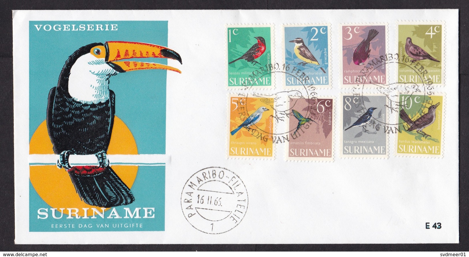 Suriname: FDC First Day Cover, 1966, 8 Stamps, Tropical Birds, Bird, Animal (traces Of Use) - Suriname