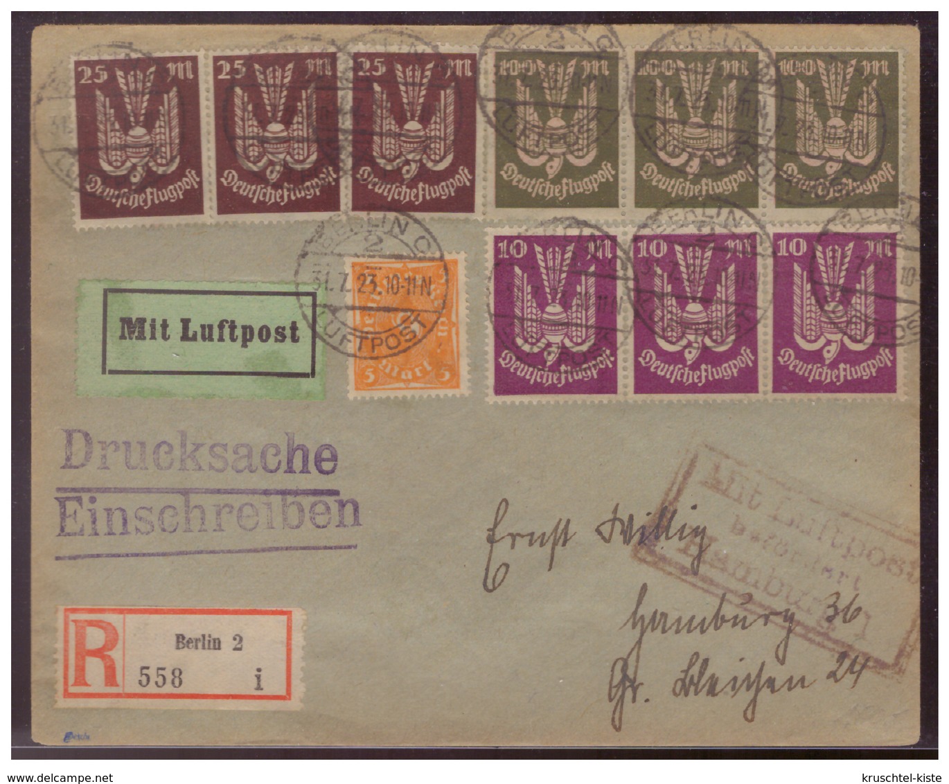 Dt- Reich (006531) Einschreiben Drucksache, Luftpost Gelaufen Nach Hamburg Von Berlin Am 31.7.1923 - Storia Postale