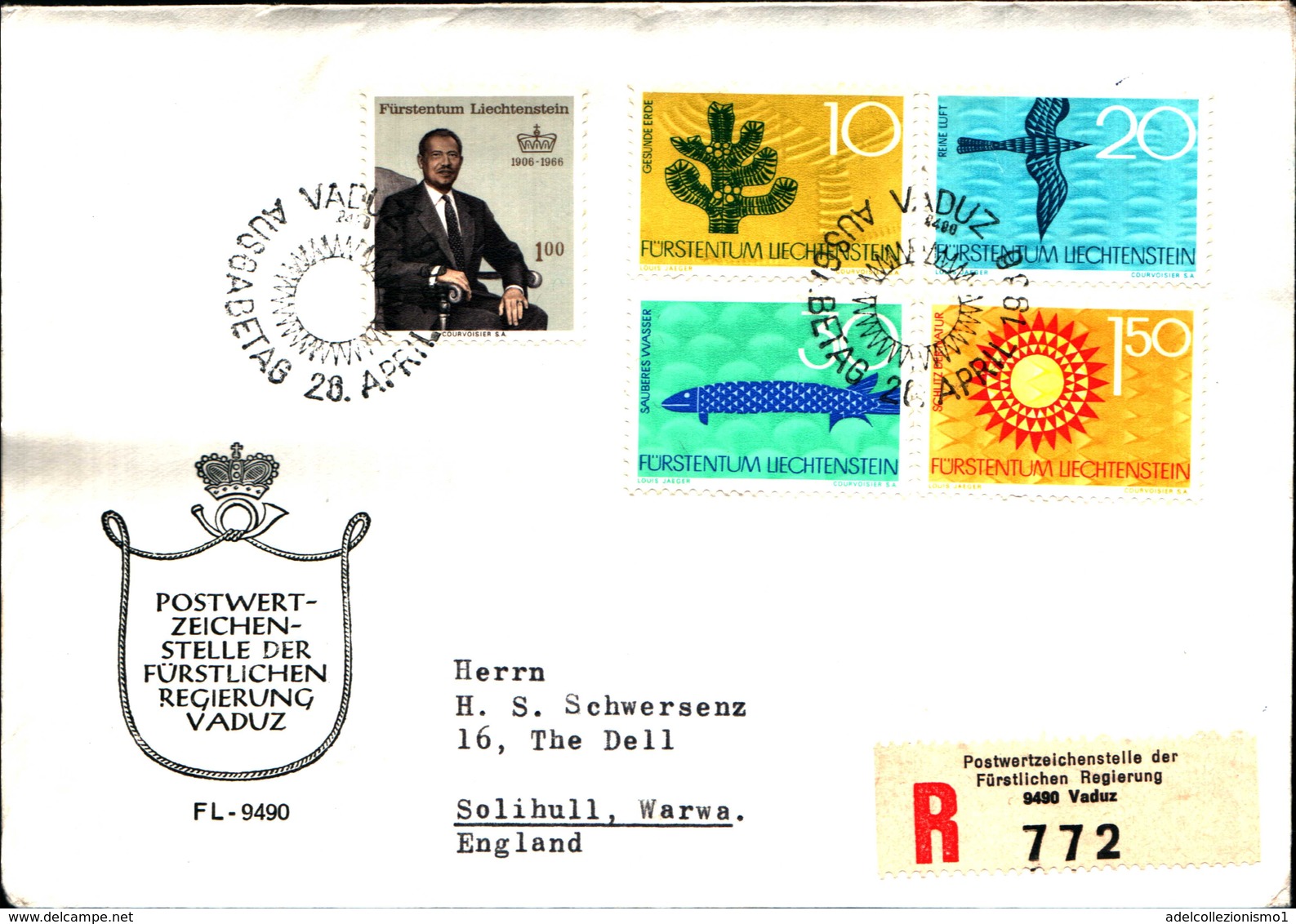 14495) LIECHTENSTEIN FDC RACCOMANDATA 28-4-1966 CON PRINZ Franz Josef 1+SERIE PROTEZIONE DELLA NATURA DISEGNI SIMBOLICI - Collections