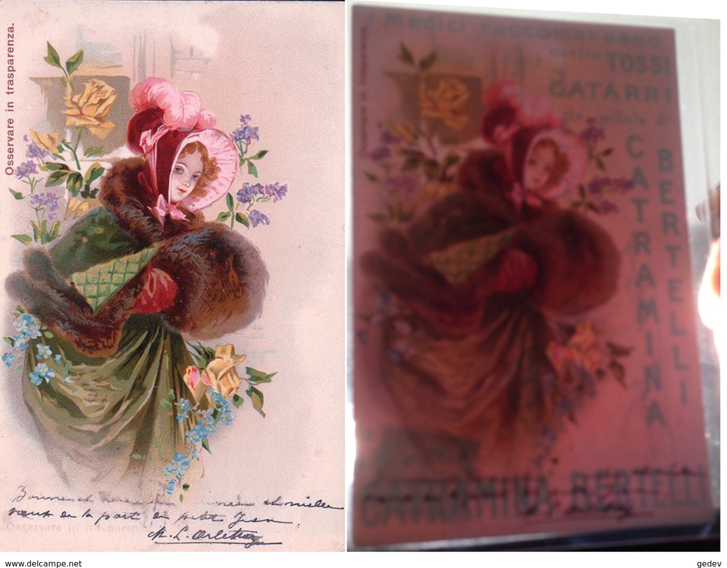 Jeune Fille Et Fleurs, Carte Avec Effet De Lumière, Publicité PILLOLE CATRAMINA BERTELLI TOSSE CATARRO (31.12.1904) - Hold To Light