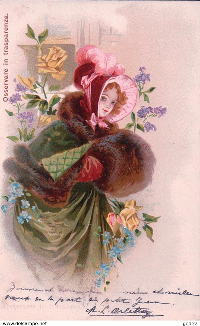 Jeune Fille Et Fleurs, Carte Avec Effet De Lumière, Publicité PILLOLE CATRAMINA BERTELLI TOSSE CATARRO (31.12.1904) - Hold To Light