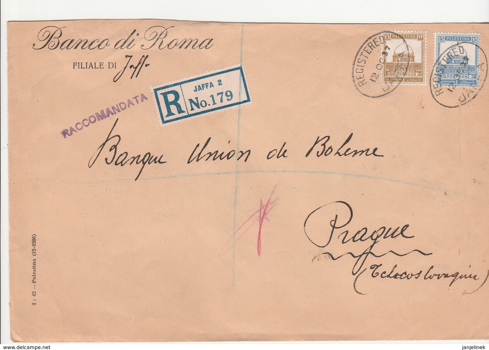 Palestine, Recco, Cover Send To Czechoslovakia, 1937 - Palestina