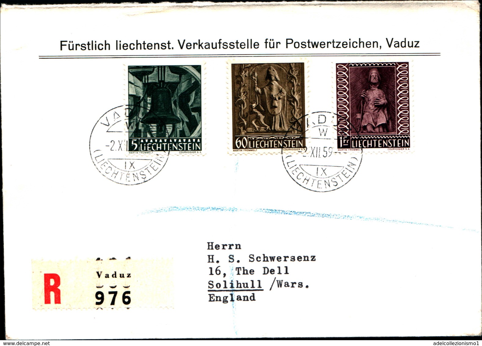 14512) LIECHTENSTEIN  FDC RACCOMANDATA-2-12-1959 CON SERIE Natale/CAMPANE E ORNAMENTI DI CHIESE - Collections