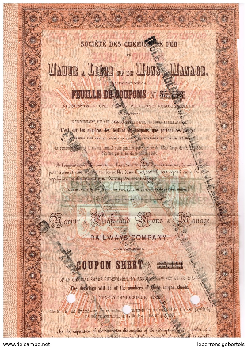 Titre Ancien - Société Des Chemins De Fer De Namur Et De Mons à Manage -Titre De 1858 -  Rare - - Ferrocarril & Tranvías