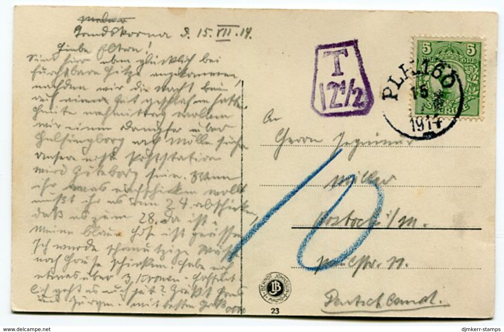 SWEDEN 1914 Underpaid Inland Postcard With Postage Due Charge Marking. - Portomarken