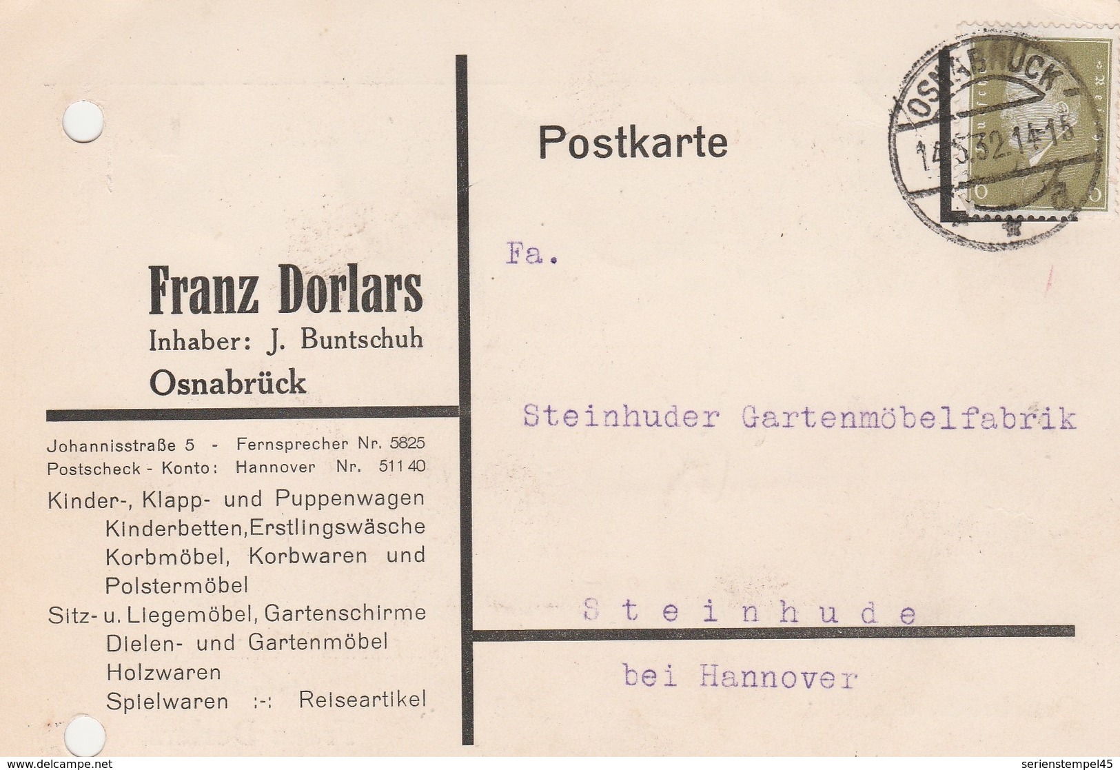 Deutsches Reich Firmenkarte Franz Dorlars Puppenwagen 1932 Osnabrück - Covers & Documents