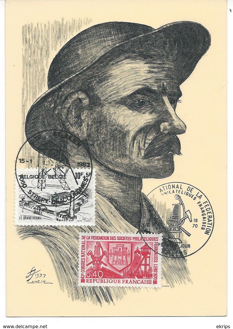 Litho D'un Mineur Signée Anzin 1937 (timbre 1er Jour) - Other & Unclassified