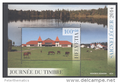 SWITZERLAND , 2014, MNH, LAKES, HORSES, COUNTRYSIDE, STAMP DAY, S/SHEET - Chevaux