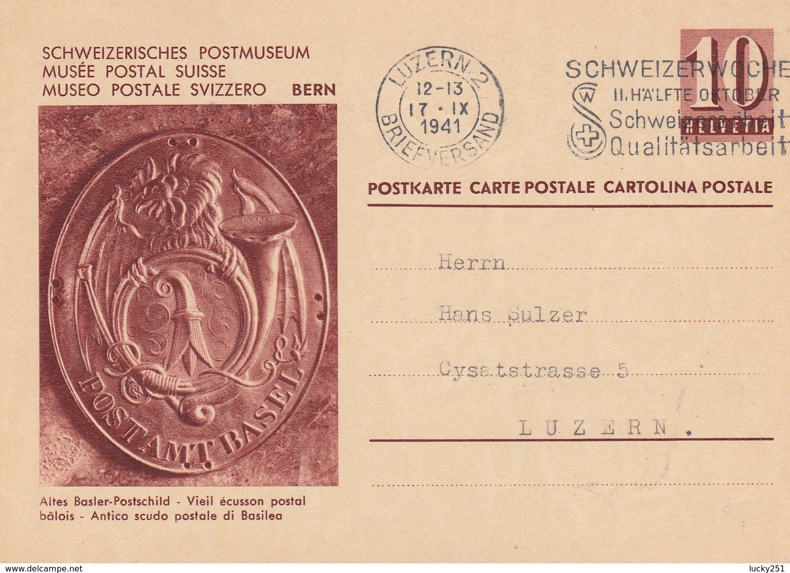 Suisse - Entier Postal - Oblitération Le  17/09/1941 -  Musée Postal Suisse - Ganzsachen