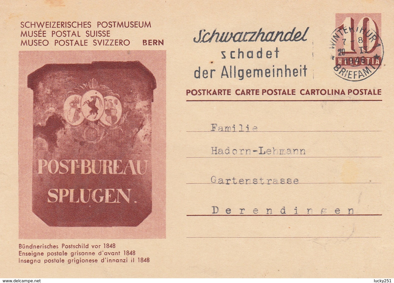 Suisse - Entier Postal - Oblitération Le 20/02/1946  - Musée Postal Suisse - Interi Postali