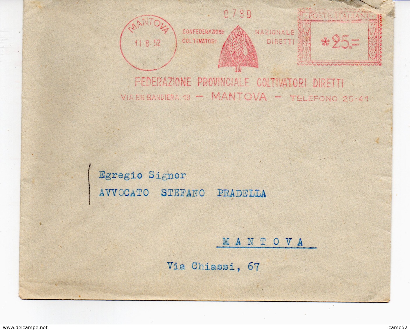 1952 EMA Affrancatura Meccanica Rossa Freistempel Mantova Federazione Provinciale Coltivatori Diretti Agricoltura - Franking Machines (EMA)