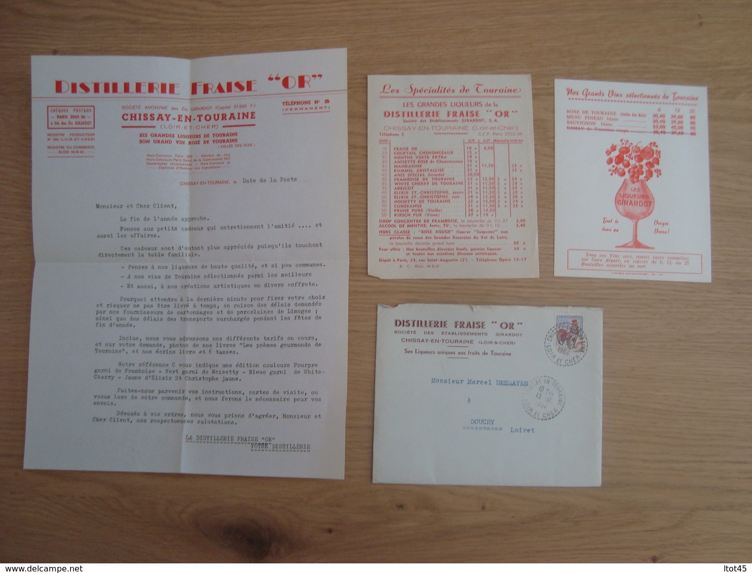 ENVELOPPE + DOCUMENT DISTILLERIE FRAISE "OR" CHISSAY-EN-TOURAINE - 1961-....