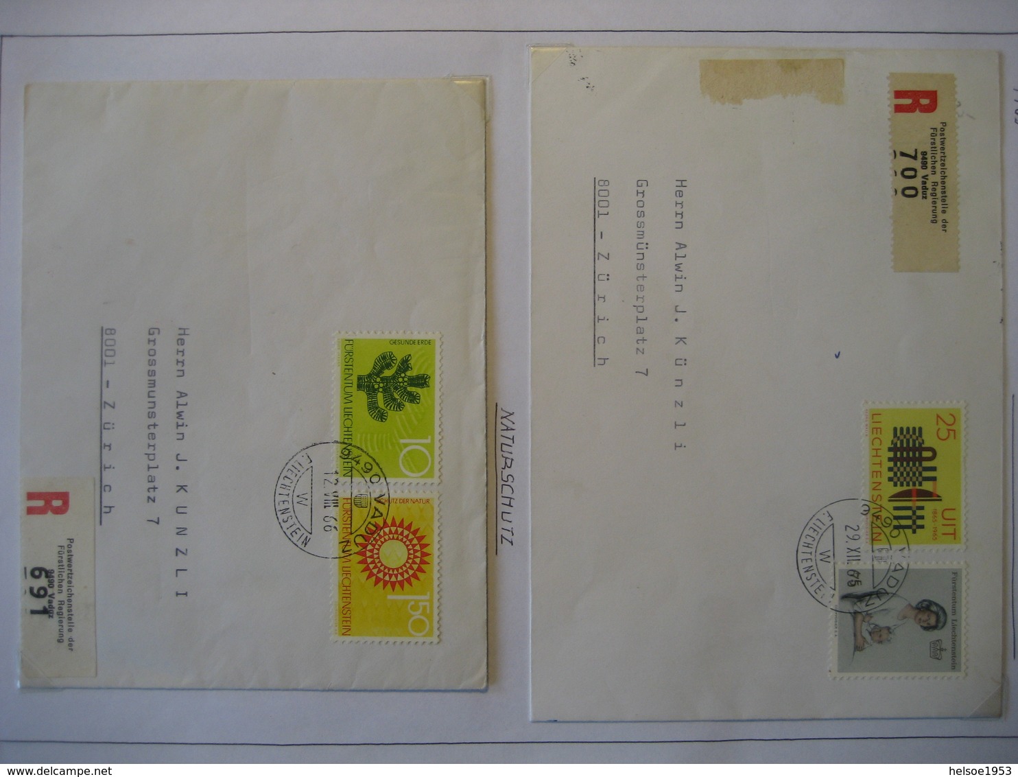 Liechtenstein- 2 Recobelege Mi.Nr. 458+459, Naturschutz 460+463 - Briefe U. Dokumente