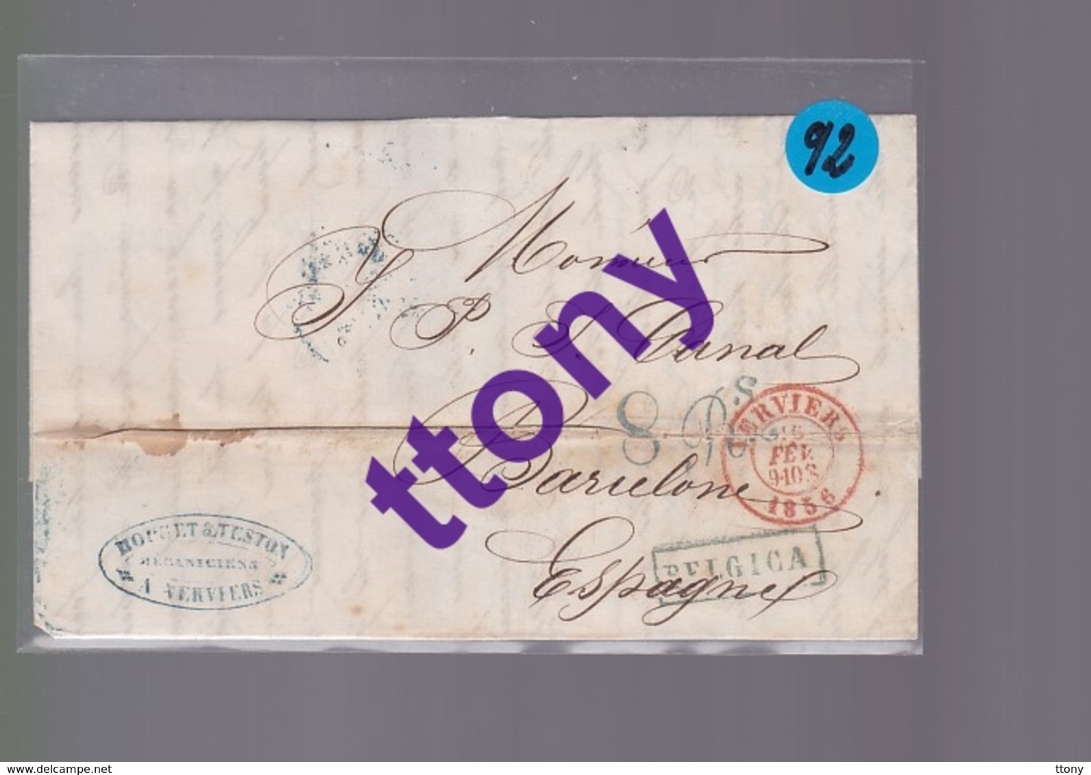 Une Lettre Enveloppe Ets : A Vervier Cachet Belgique  Pour  Barcelone  Espagne  1856  ( Usure Voir Scann ) - 1849-1876: Periodo Clásico