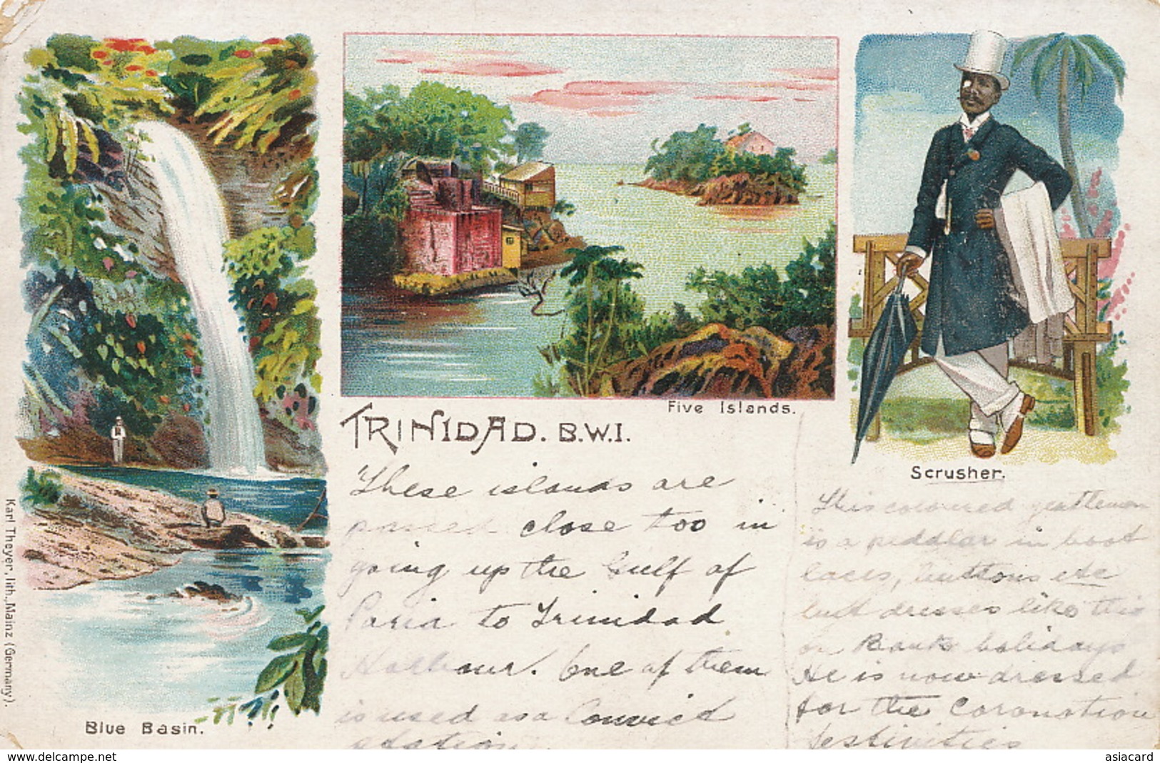 Trinidad Pionneer Card Litho Karl Theyer Mainz Five Islands , Blue Basin , Scrusher - Trinidad