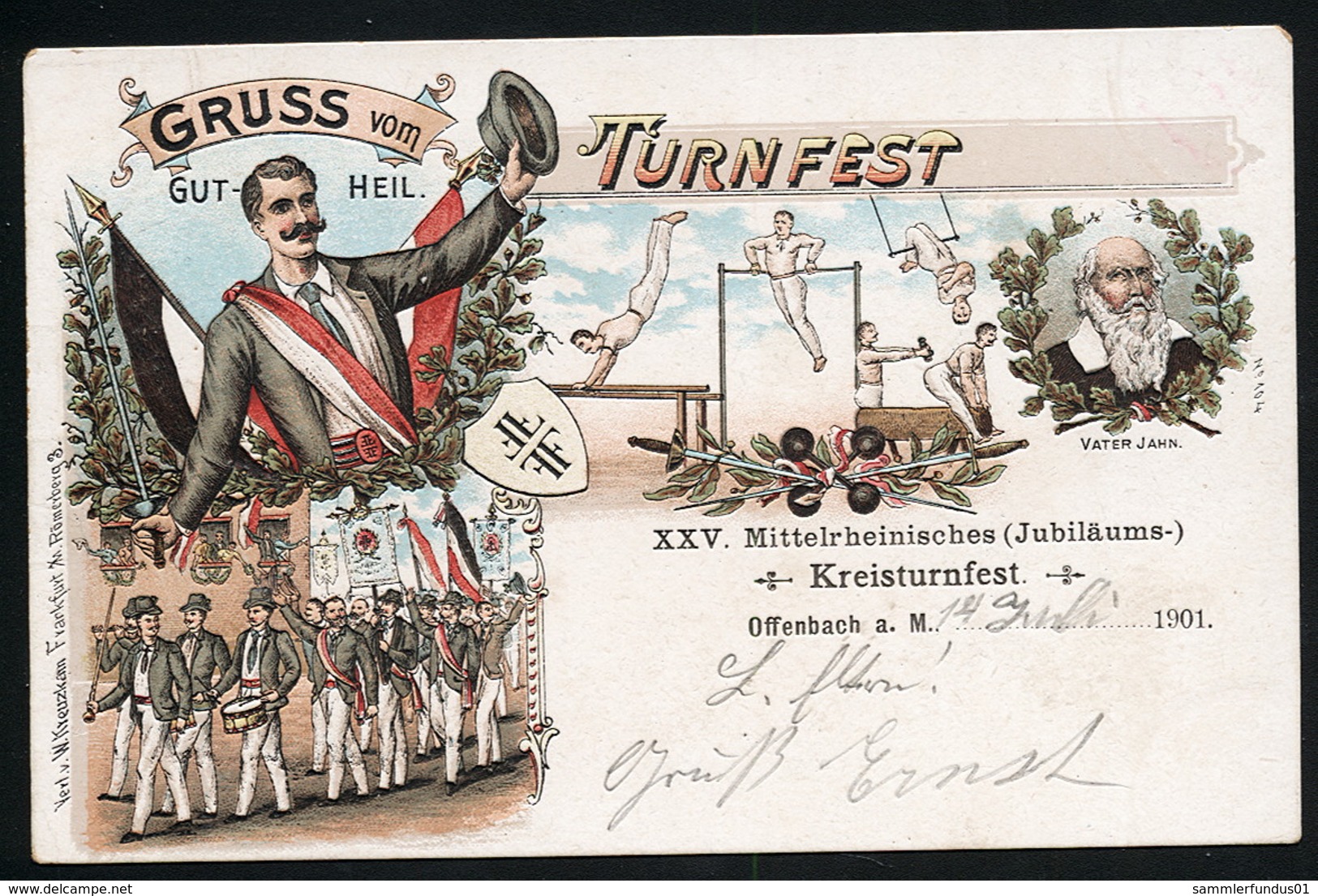 AK/CP Litho OffenbachTurnfest   Gut Heil   Jahn     Gel/circ.  1901 Festplatzstempel   Erhaltung/Cond.  2  Nr. 01061 - Offenbach