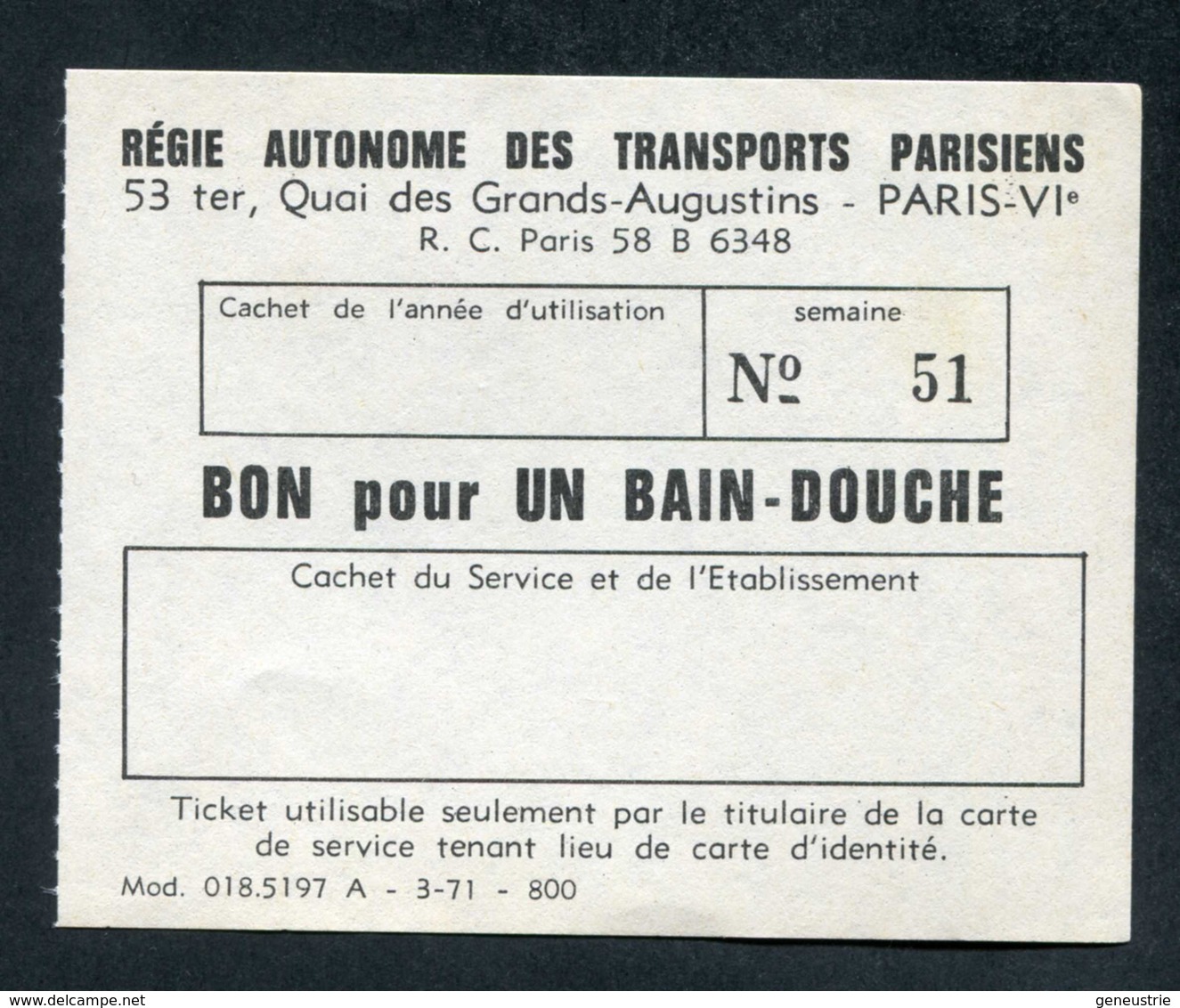 Jeton-papier RATP De Nécessité Vierge "Bon Pour Un Bain-Douche" Métro De Paris - Années 70 - Monetari / Di Necessità