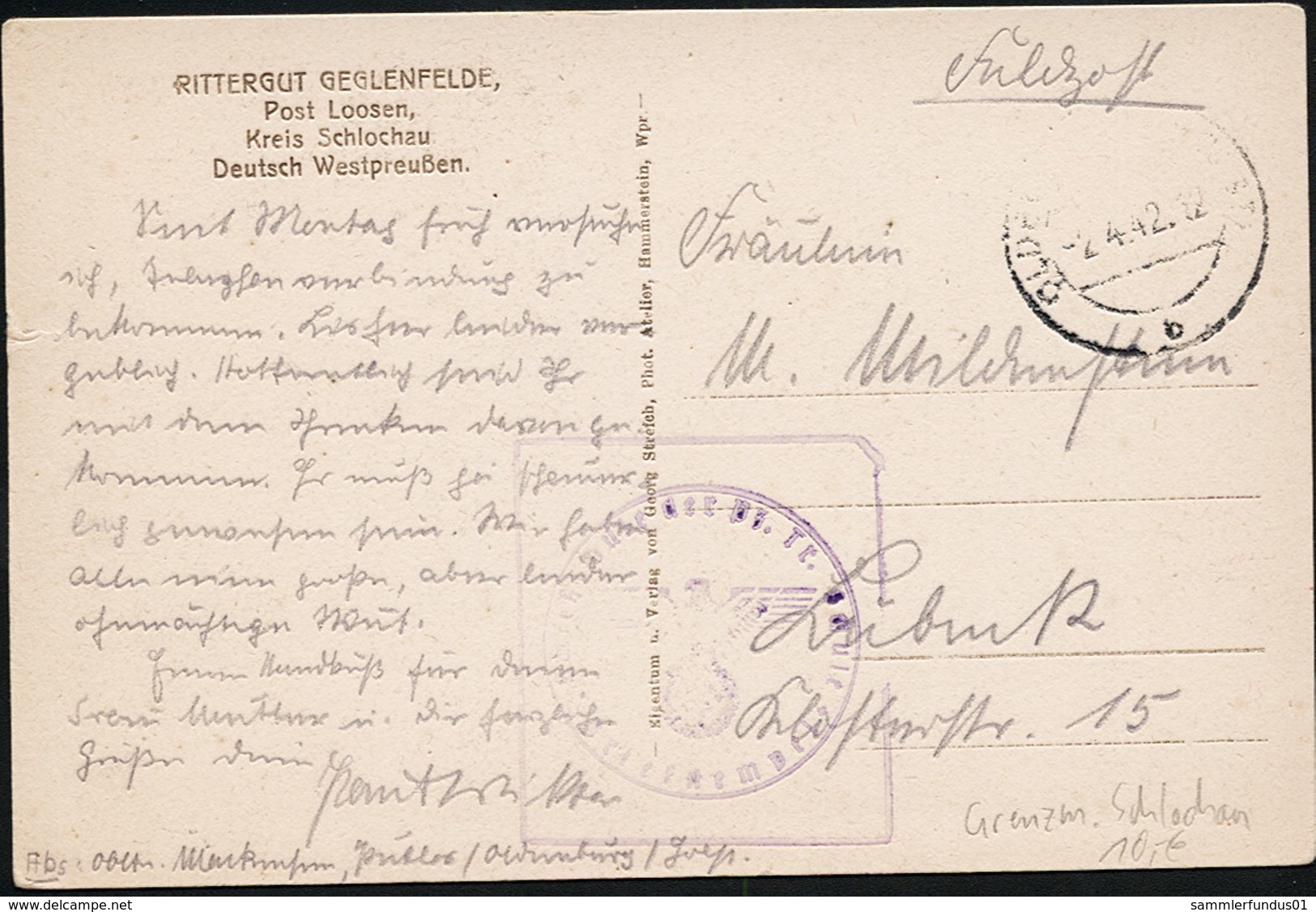 AK/CP Gut Geglenfelde  Loosen  Schlochau    Gel/circ. 1942   Erhaltung/Cond. 2- , Kleiner Einriss Unten  Nr. 01065 - Westpreussen