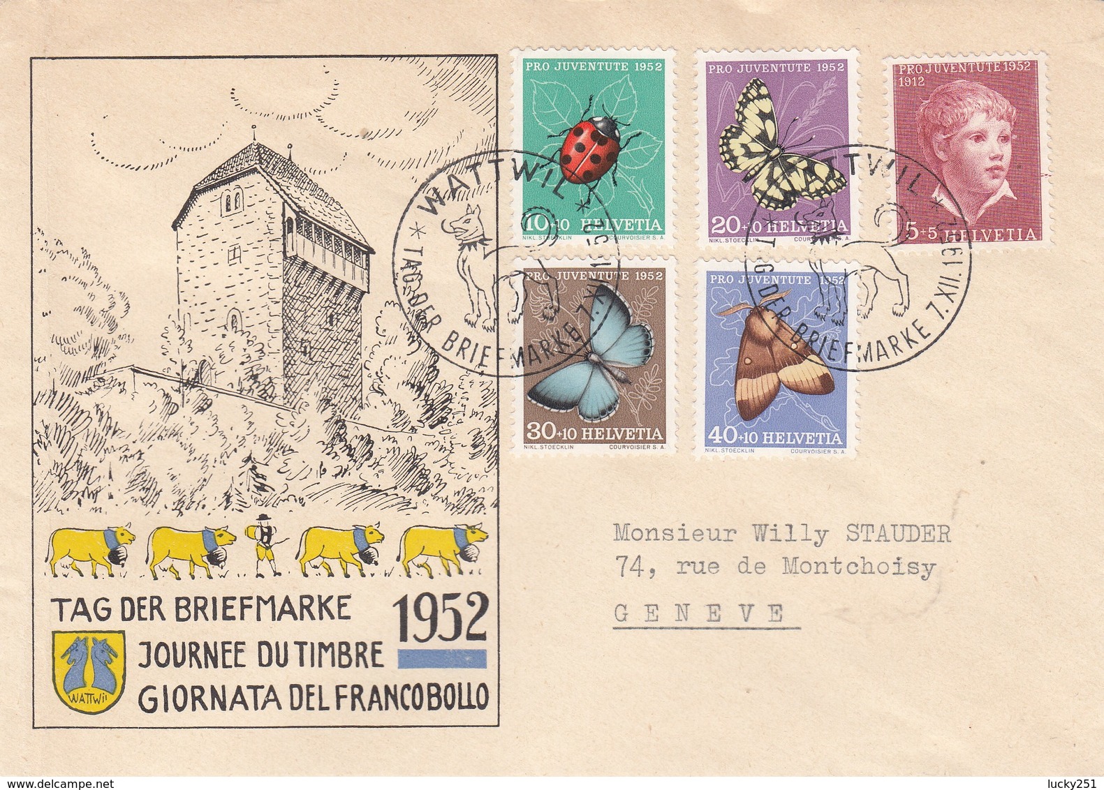 Suisse - Année 1952 - Lettre Oblitérée  07/12/1952 - Journée Du Timbre 1952 Wattwil - Covers & Documents
