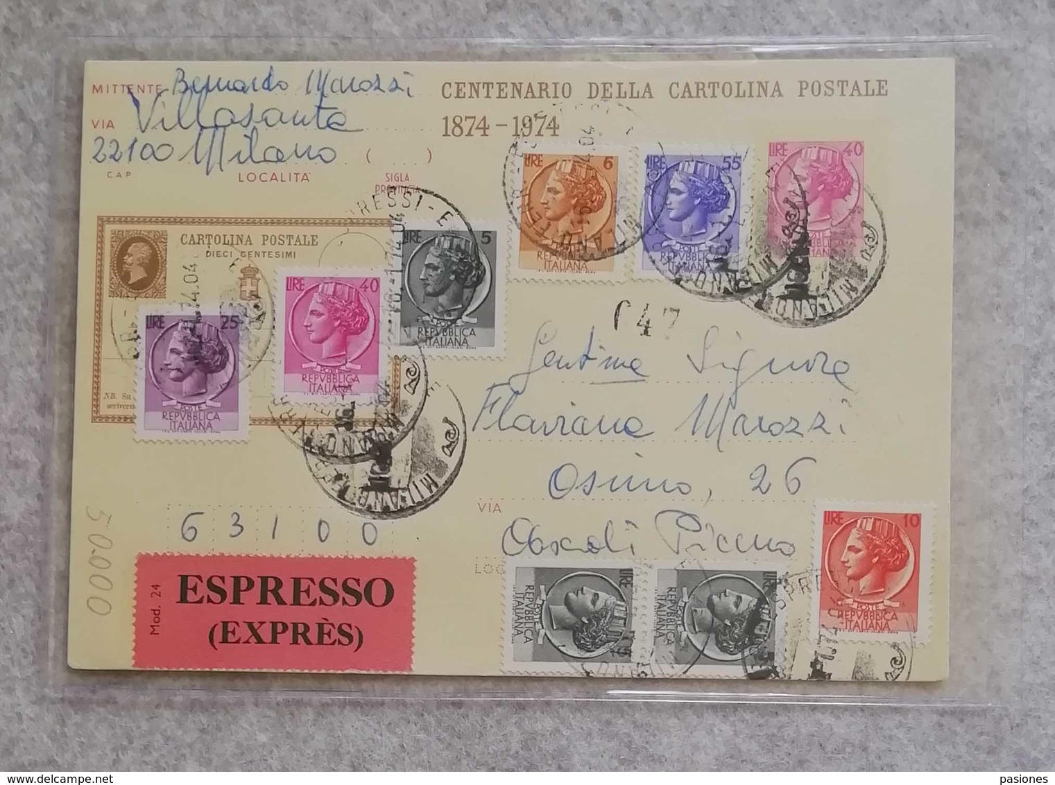 Centenario Della Cartolina Postale 1874-1974 Espresso Da Milano Per Ascoli Piceno 14/01/1974 - Interi Postali