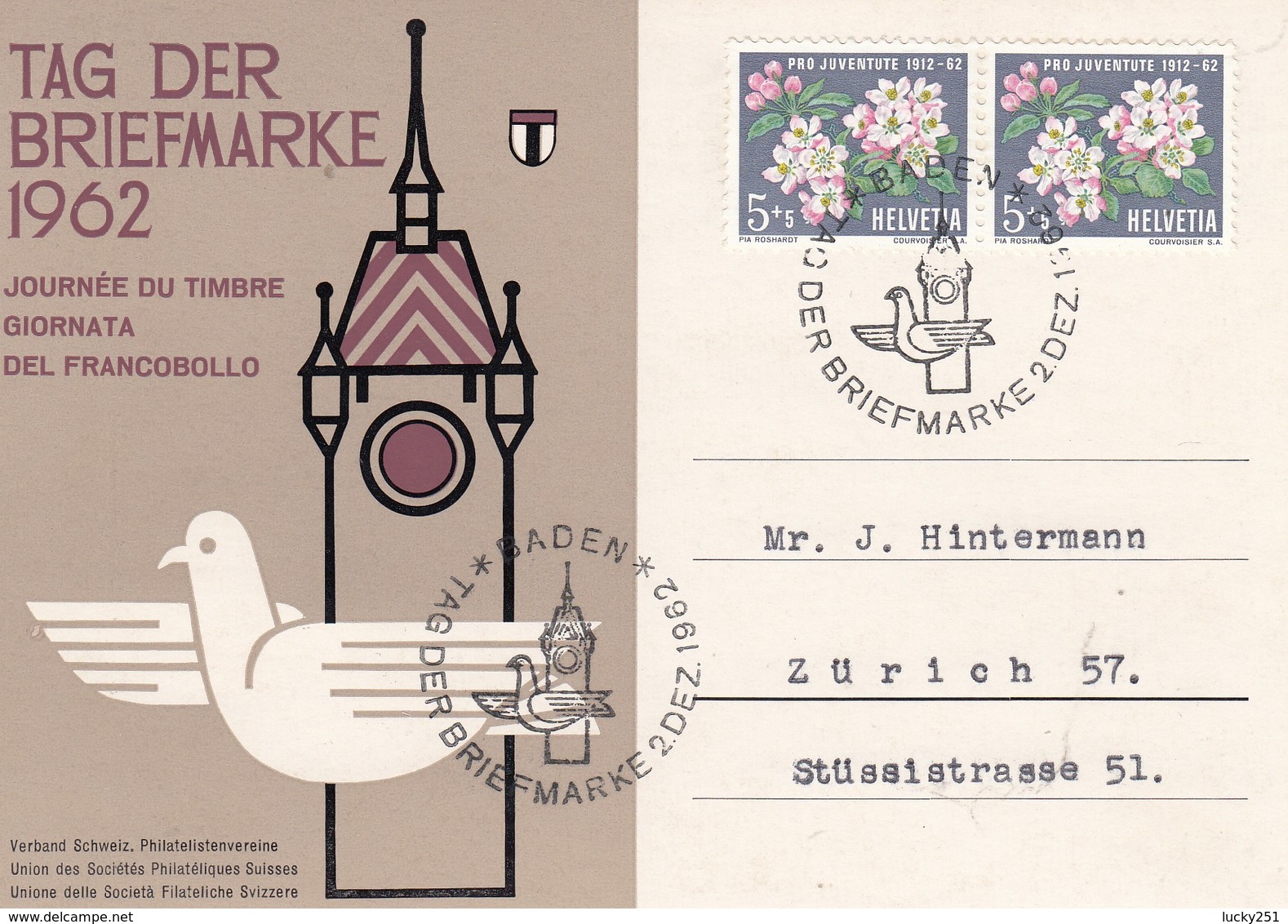 Suisse - Année 1962 - Carte Oblitérée 02/12/1962 - Journée Du Timbre 1962 Baden - Brieven En Documenten