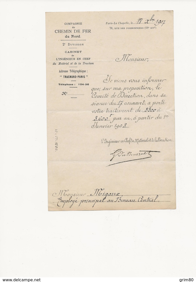 LETTRE  COMPAGNIE  DU CHEMIN DE FER  DU NORD           1907 - 1900 – 1949