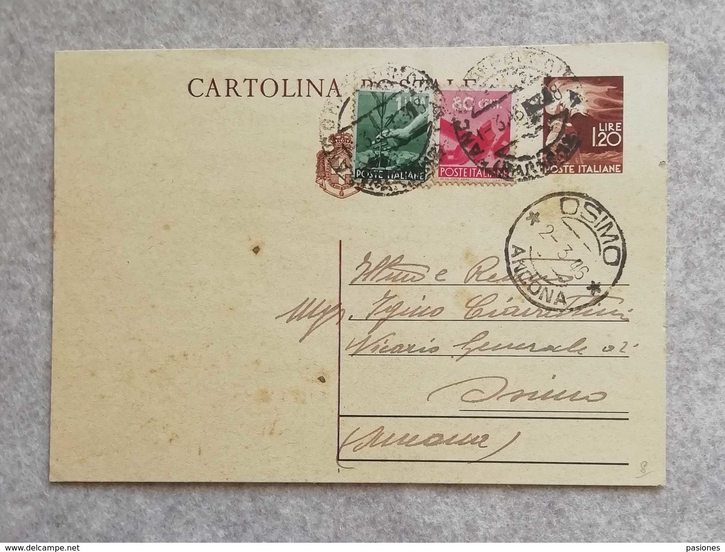 Cartolina Postale 01/10/1945 Da L.1,20 Da Ancona Per Osimo 02/03/1946 - Marcophilia