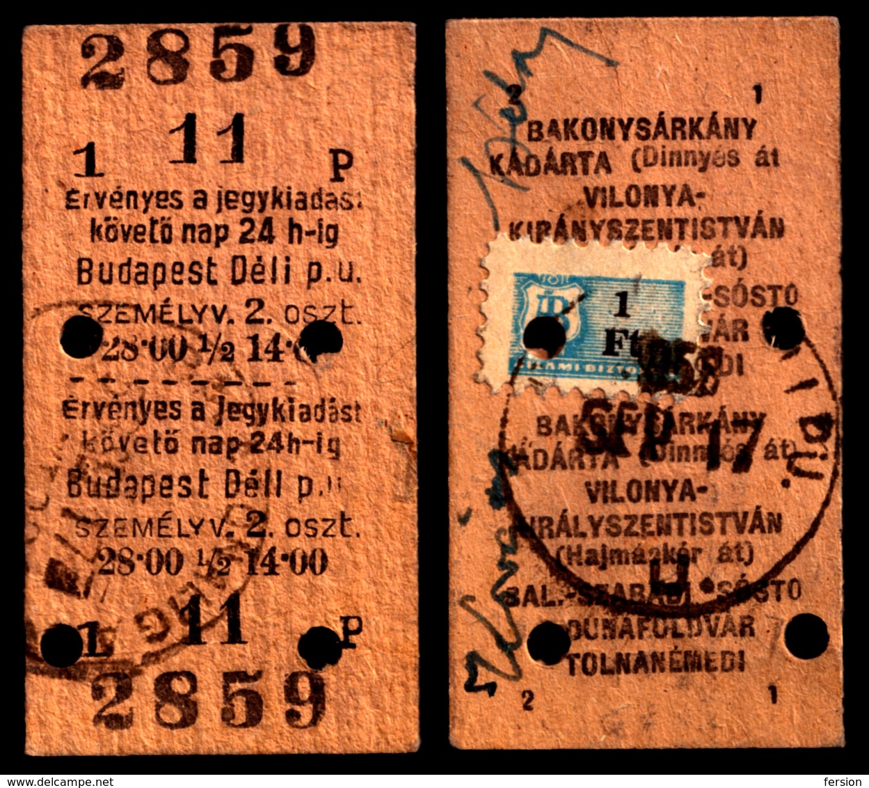 Railway Train Travel Insurance REVENUE Tax Stamp On MÁV TICKET Vignette Label - 1 Ft 1958 Hungary Déli PU - Revenue Stamps