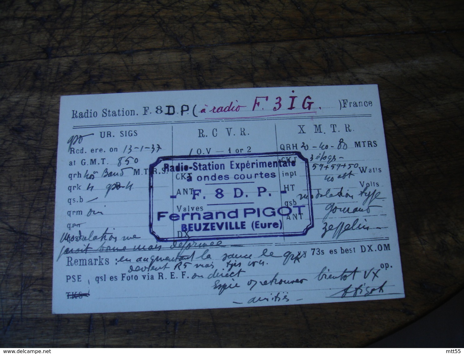 Beuzeville Fernand Pigot 1937 Carte Q S L Qsl Radio Amateur F3ig - Radio Amateur