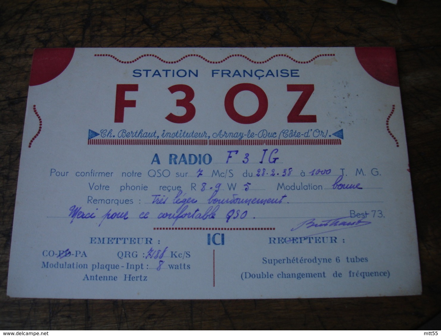 Arnay Le Duc Berthaut Instituteur 1938 Carte Q S L Qsl Radio Amateur F3oz Vignette Timbre - Radio Amatoriale