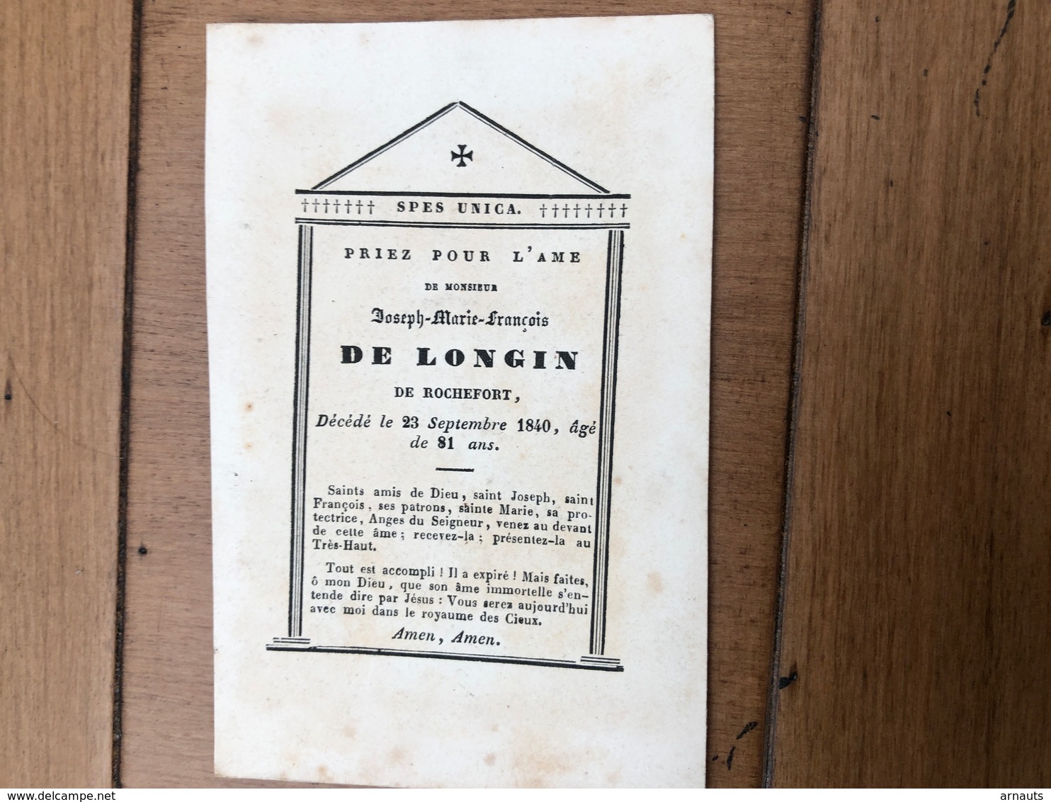 Joseph De Longin De Rochefort *1759 Ieper +1840 Lille épouse Le Mesre Du Quesnil Seigneur De Dentergem Noblesse De Limon - Todesanzeige