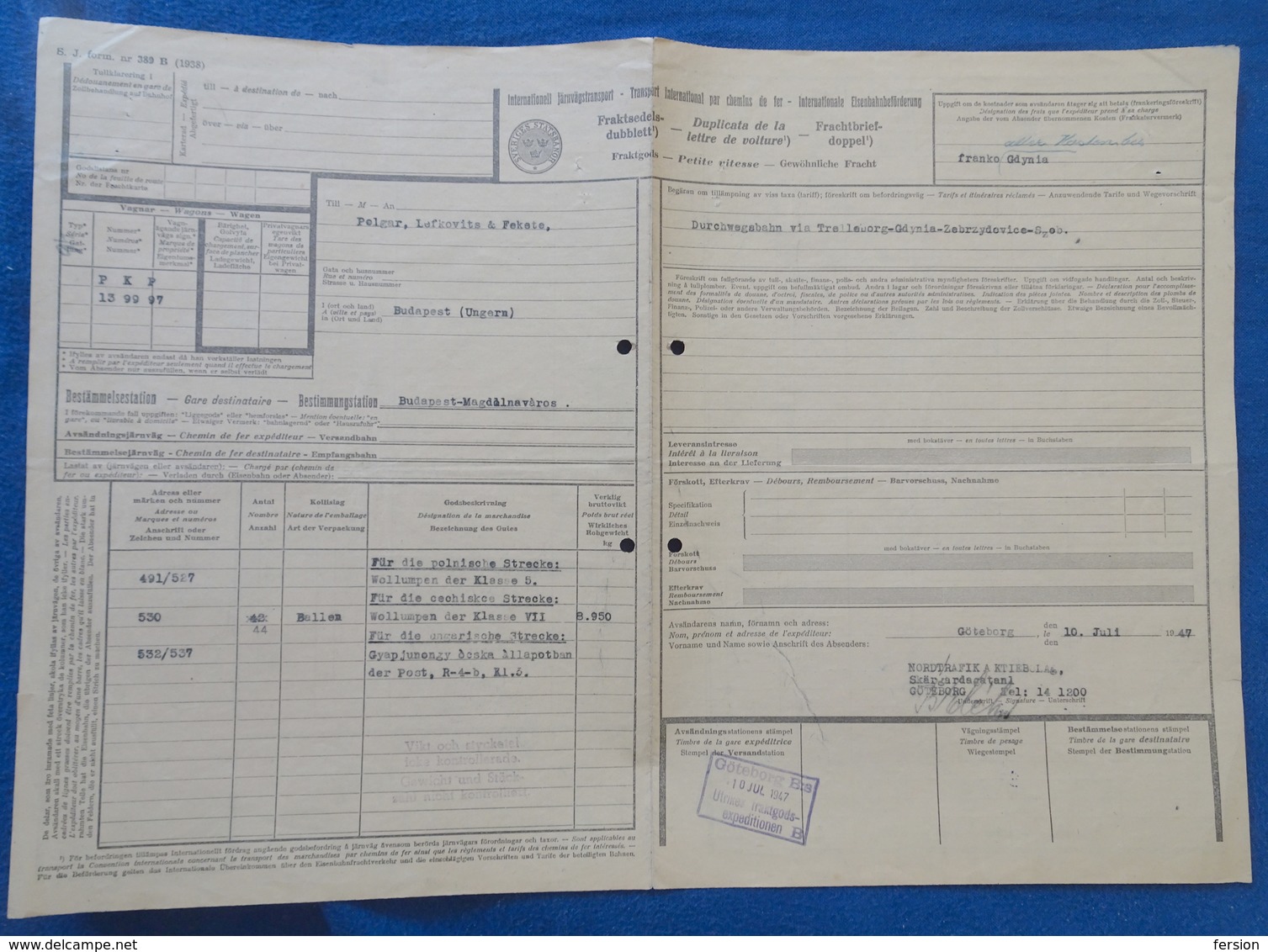 1947 SWEDEN - Hungary Transport Railway IMPRINT WAYBILL REVENUE - Göteborg - Fiscale Zegels