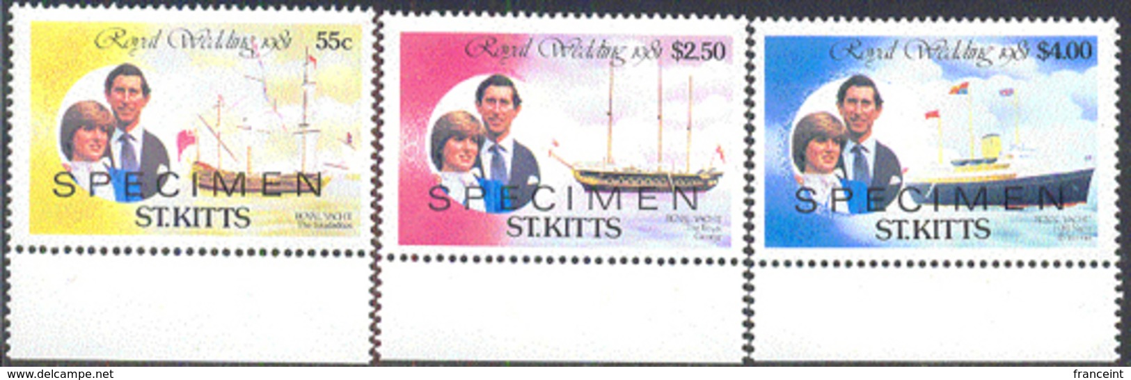 ST. KITTS (1981) Royal Wedding. Set Of 3 Overprinted SPECIMEN. Scott Nos 75,77,79. - St.Kitts And Nevis ( 1983-...)