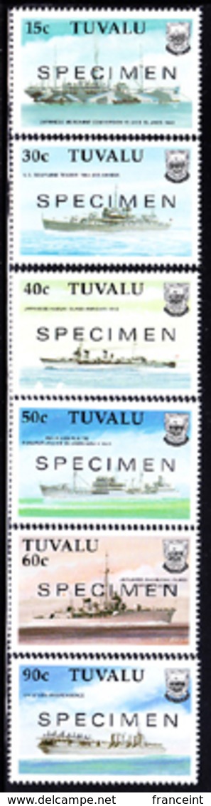 TUVALU (1990) WWII Ships. Set Of 6 Overprinted SPECIMEN. Scott Nos 543-8, Yvert Nos 542-7. - Tuvalu