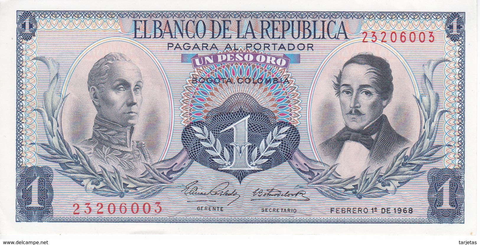 BILLETE DE COLOMBIA DE 1 PESO DE ORO DEL AÑO 1968 EN CALIDAD EBC (XF)  (BANK NOTE) - Colombie