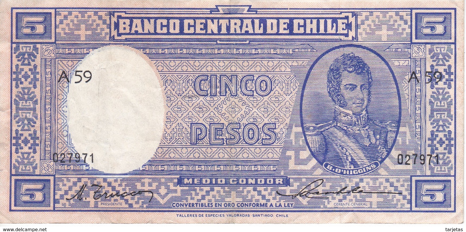 BILLETE DE CHILE DE 5 PESOS DEL AÑO 1947 A 1958 (BANKNOTE) - Chile