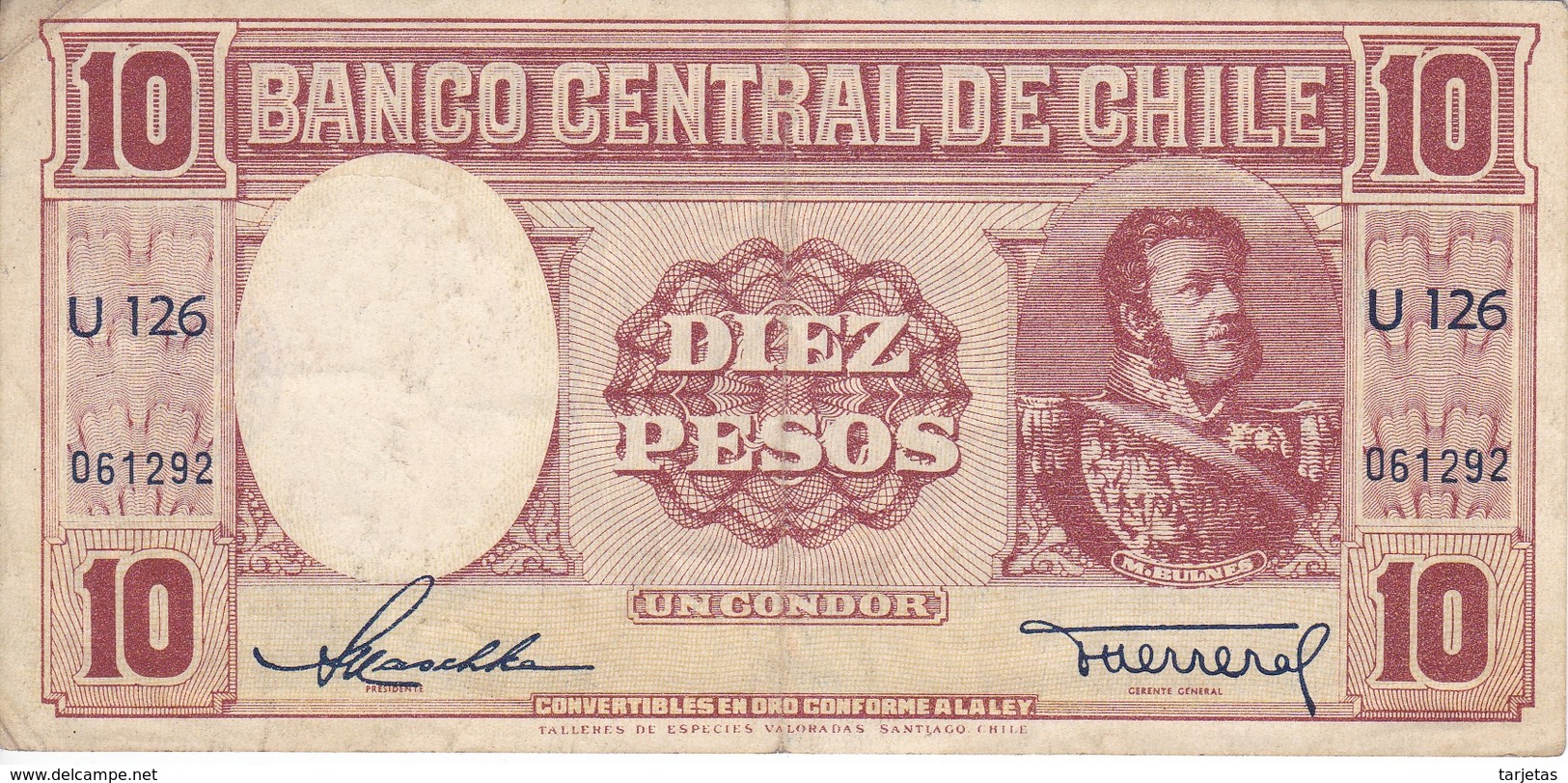 BILLETE DE CHILE DE 10 PESOS DE M. BULNES DEL AÑO 1958  (BANK NOTE) - Chile