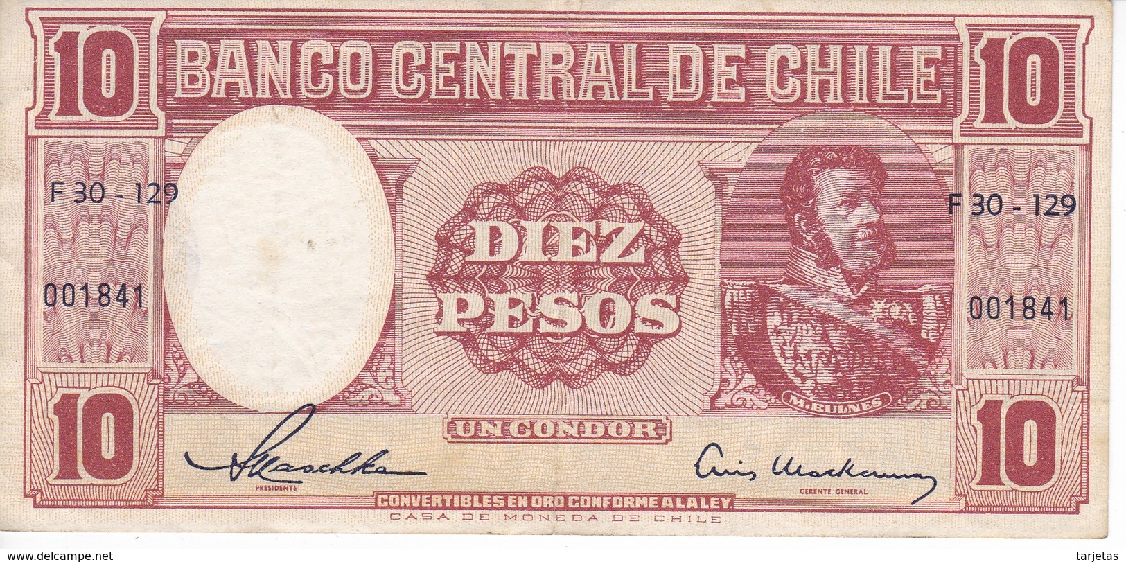 BILLETE DE CHILE DE 10 PESOS DE M. BULNES DEL AÑO 1958  (BANK NOTE) - Chile