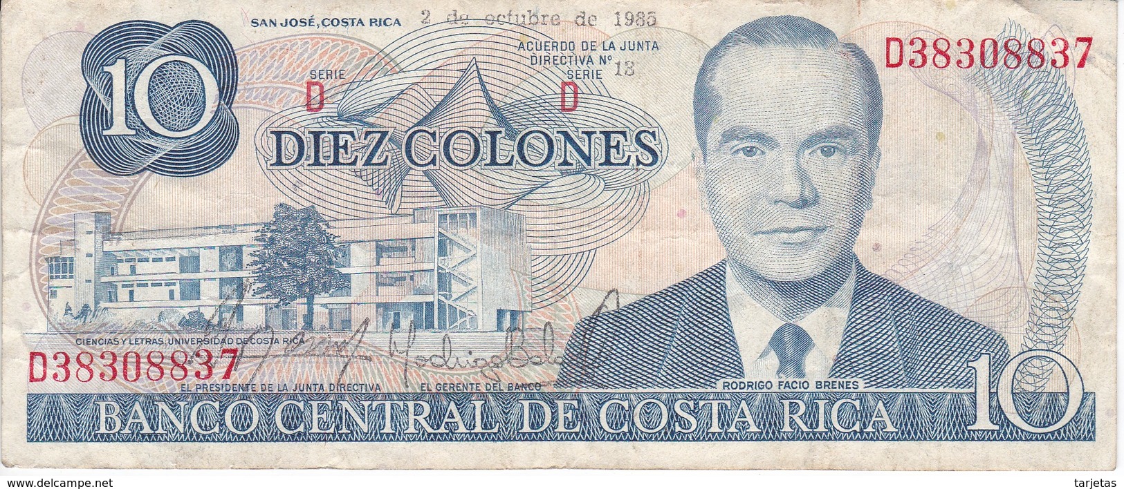 BILLETE DE COSTA RICA DE 10 COLONES AÑO 1985  (BANKNOTE) - Costa Rica