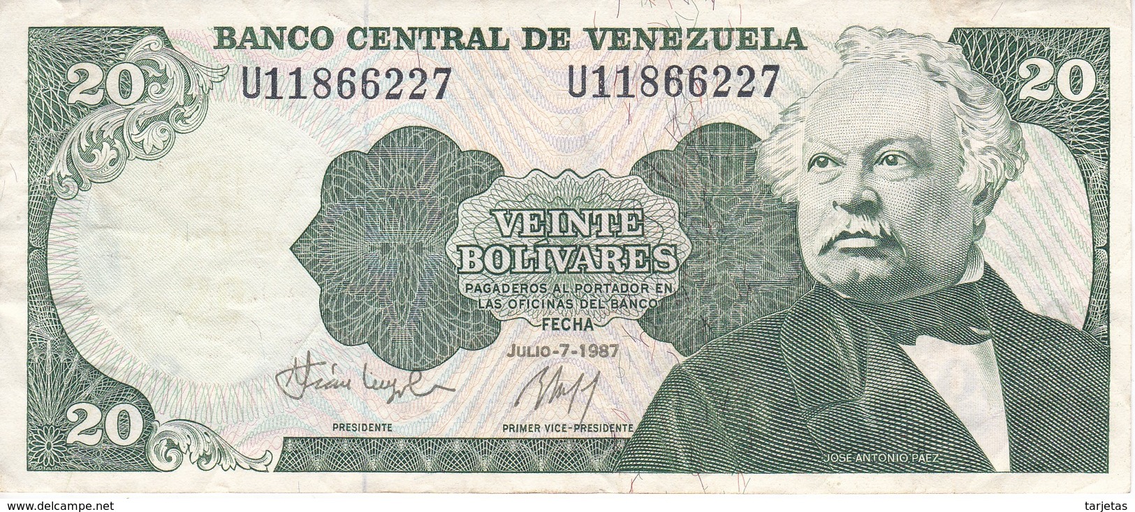 BILLETE DE VENEZUELA DE 20 BOLIVARES DEL AÑO 1987 CALIDAD MBC (VF)  (BANKNOTE) - Venezuela